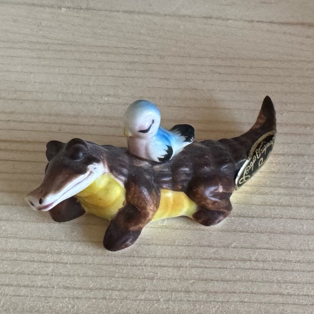 Whimsical Josef Originals Brown and Yellow Crocodile with Bird Figurine